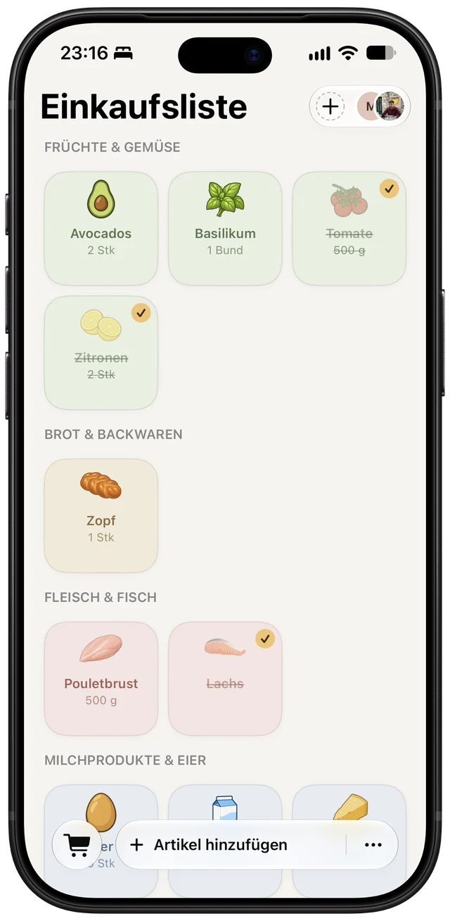 iPhone: Einkaufsliste als Kacheln nach Kategorien