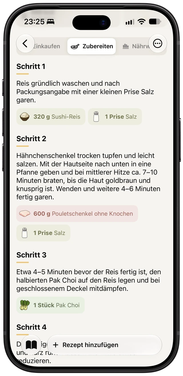 iPhone: Zubereitungsschritte mit den passenden Zutaten